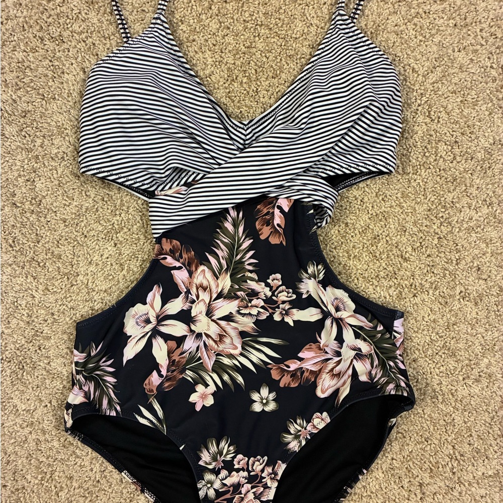 Striped and Floral One-Piece Swimsuit